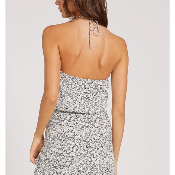 VOLCOM Bae Bae Doll Tube Top Cropped Drawcord Halter Floral Black White Size S - Picture 3 of 10